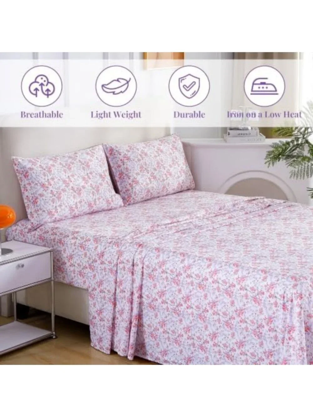 Floral 100% Cotton Queen Sheets Set, Pink Flower Print, Soft & Cozy Bedding